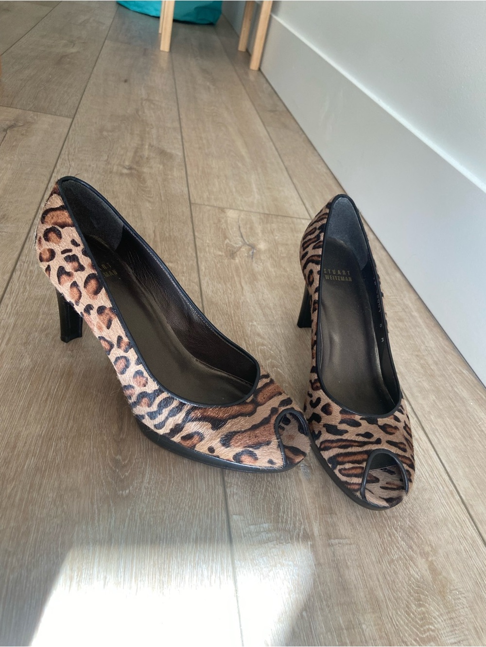 Stuart Weitzman Leopard Print Peep-Toe Heels in Tan and Black